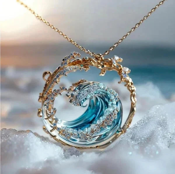 Ocean Wave Necklace – Sterling Silver Pendant with Blue Crystal | Serenity Ocean Gift for Her