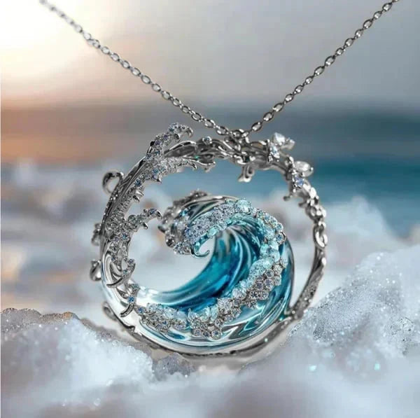 Ocean Wave Necklace – Sterling Silver Pendant with Blue Crystal | Serenity Ocean Gift for Her